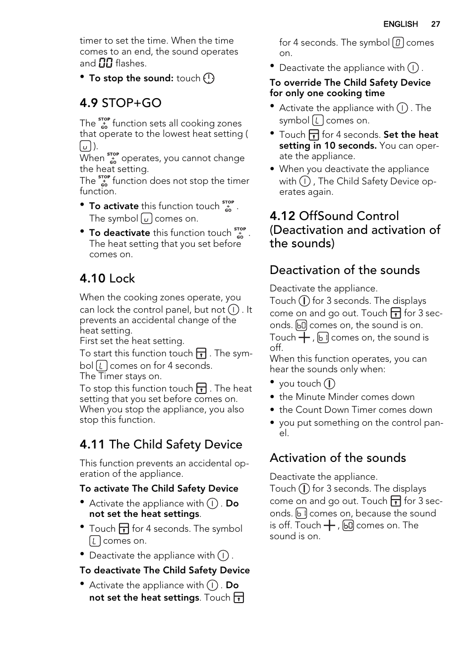 9 stop+go, 10 lock, 11 the child safety device | Activation of the sounds | AEG HK854320IB User Manual | Page 27 / 72