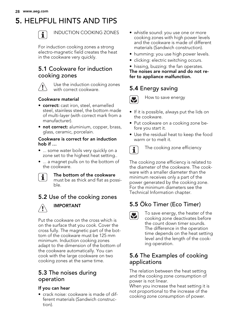 Helpful hints and tips, 1 cookware for induction cooking zones, 2 use of the cooking zones | 3 the noises during operation, 4 energy saving, 5 öko timer (eco timer), 6 the examples of cooking applications | AEG HK854320IB User Manual | Page 28 / 72