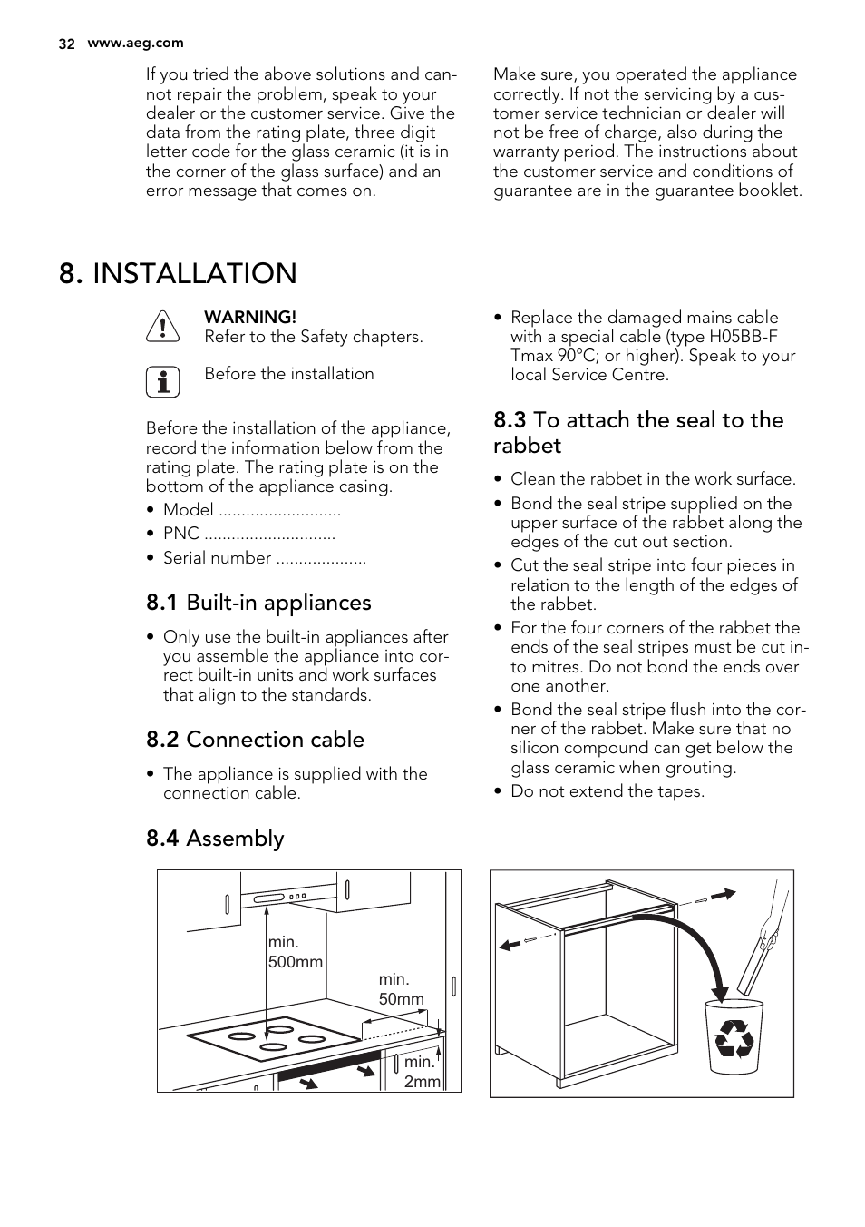 Installation, 1 built-in appliances, 2 connection cable | 3 to attach the seal to the rabbet, 4 assembly | AEG HK854320IB User Manual | Page 32 / 72