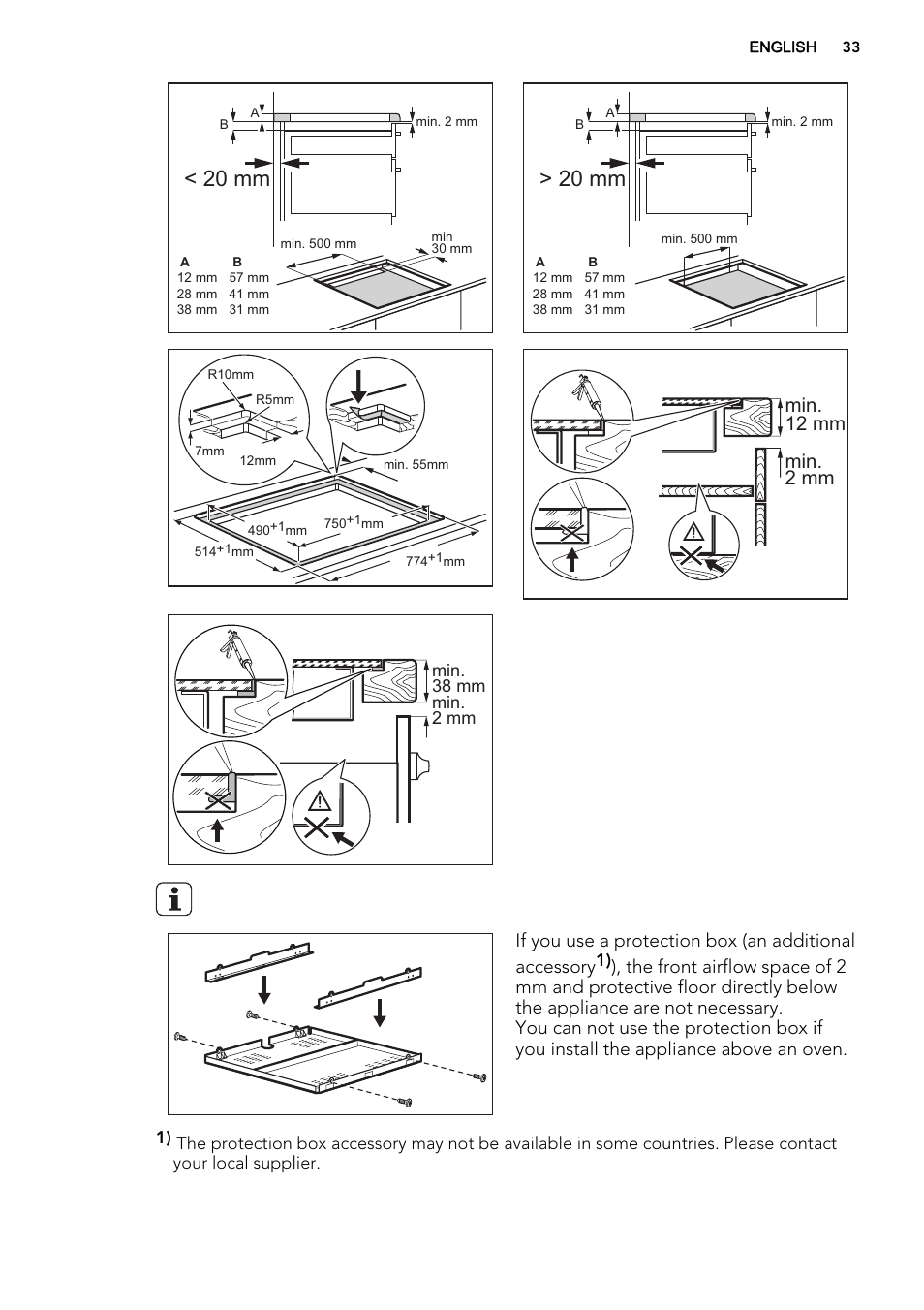 20 mm, Min. 12 mm min. 2 mm | AEG HK854320IB User Manual | Page 33 / 72