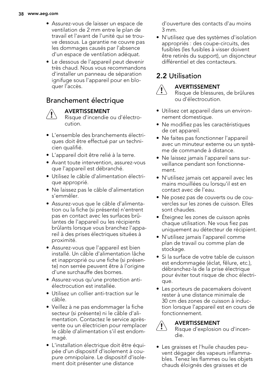 Branchement électrique, 2 utilisation | AEG HK854320IB User Manual | Page 38 / 72