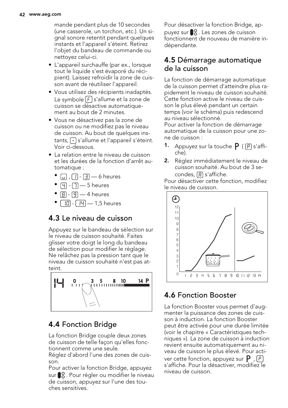 3 le niveau de cuisson, 4 fonction bridge, 5 démarrage automatique de la cuisson | 6 fonction booster | AEG HK854320IB User Manual | Page 42 / 72