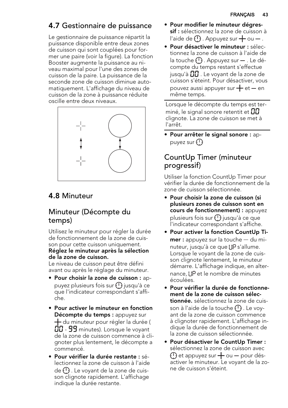 7 gestionnaire de puissance, 8 minuteur minuteur (décompte du temps), Countup timer (minuteur progressif) | AEG HK854320IB User Manual | Page 43 / 72