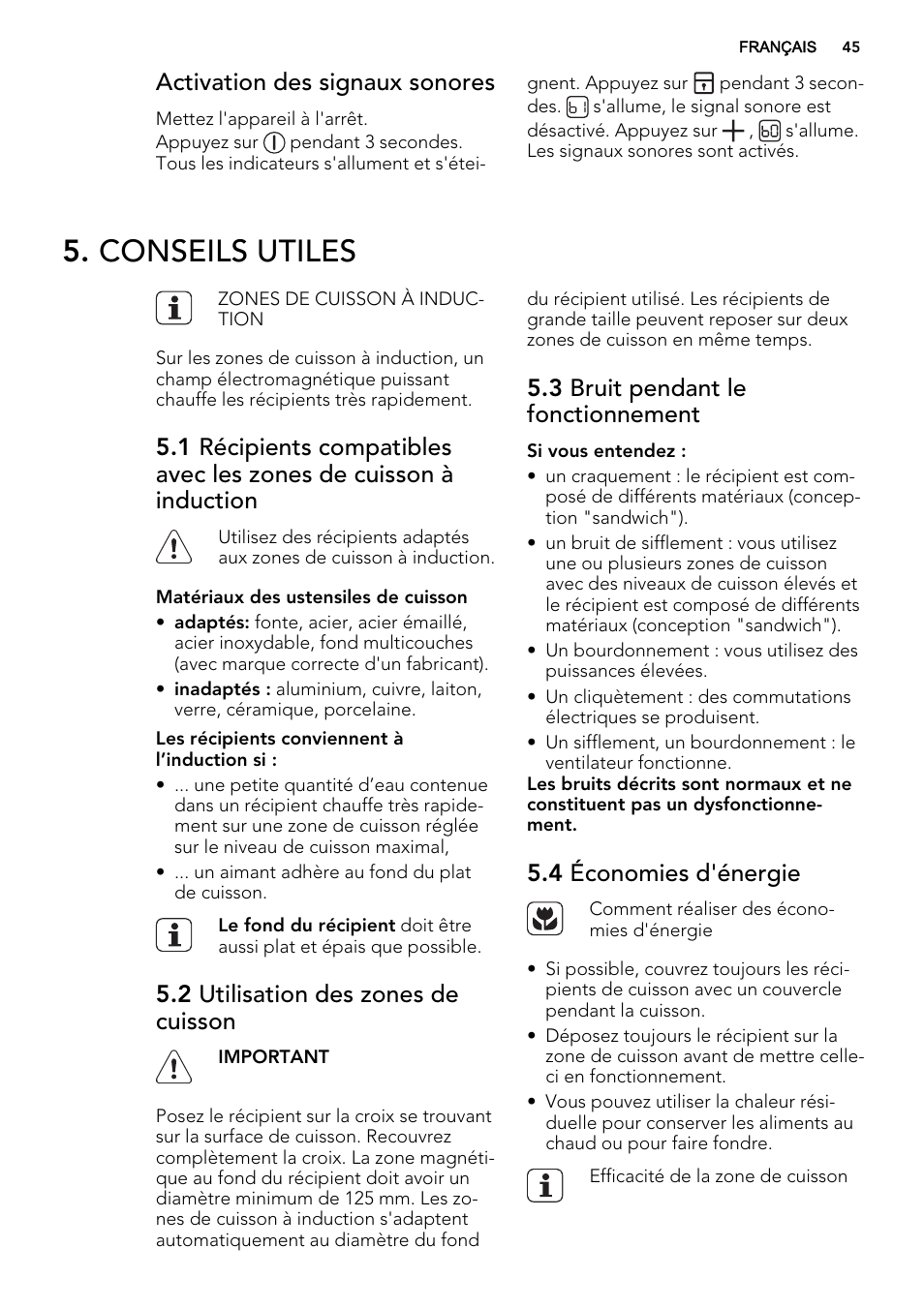 Conseils utiles, Activation des signaux sonores, 2 utilisation des zones de cuisson | 3 bruit pendant le fonctionnement, 4 économies d'énergie | AEG HK854320IB User Manual | Page 45 / 72