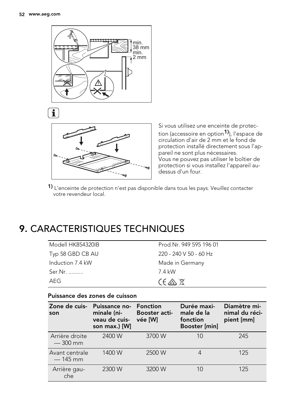 Caracteristiques techniques | AEG HK854320IB User Manual | Page 52 / 72