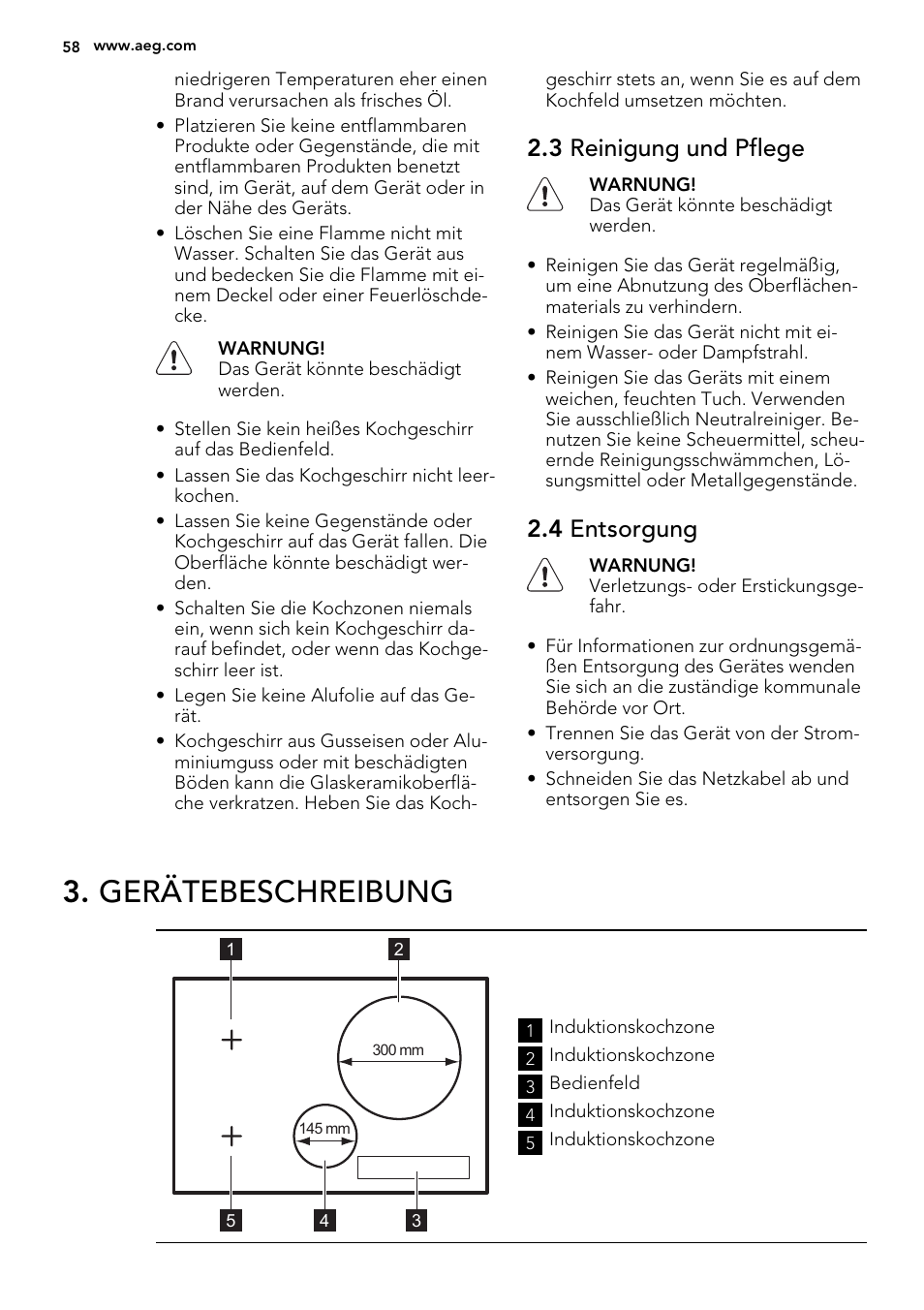 Gerätebeschreibung, 3 reinigung und pflege, 4 entsorgung | AEG HK854320IB User Manual | Page 58 / 72