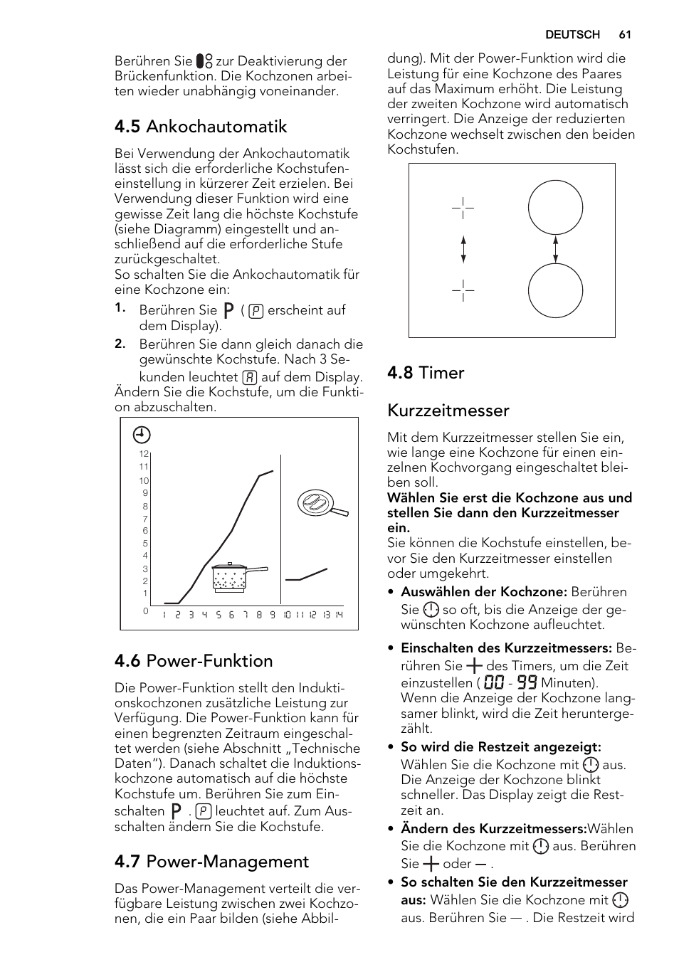 5 ankochautomatik, 6 power-funktion, 7 power-management | 8 timer kurzzeitmesser | AEG HK854320IB User Manual | Page 61 / 72