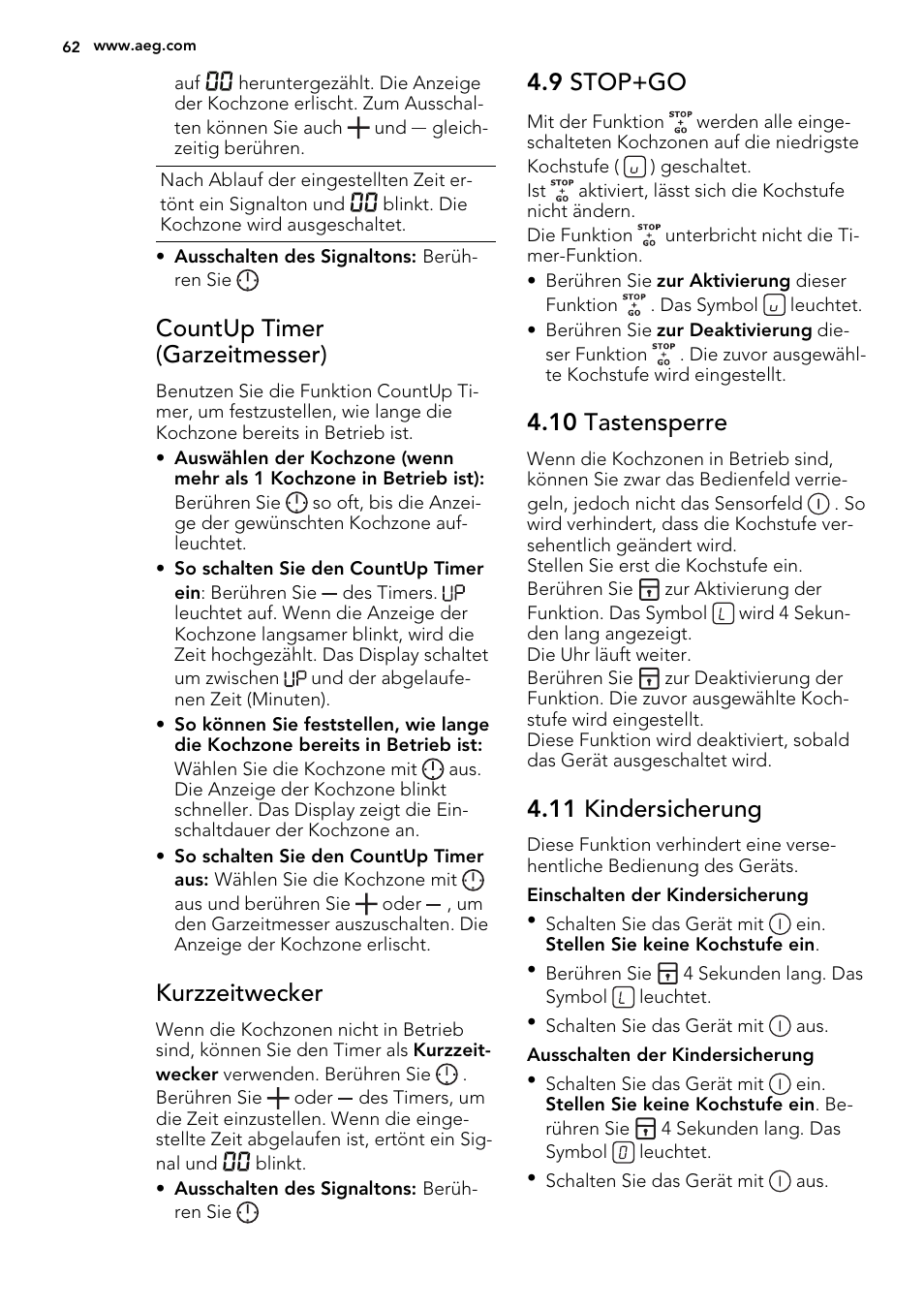 Countup timer (garzeitmesser), Kurzzeitwecker, 9 stop+go | 10 tastensperre, 11 kindersicherung | AEG HK854320IB User Manual | Page 62 / 72