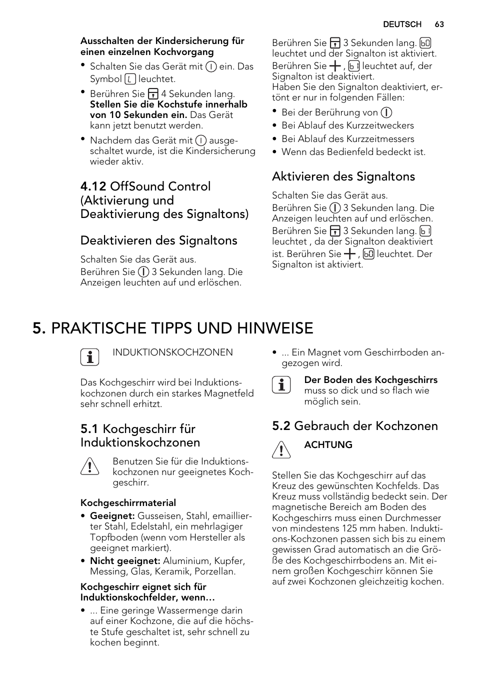 Praktische tipps und hinweise, Aktivieren des signaltons, 1 kochgeschirr für induktionskochzonen | 2 gebrauch der kochzonen | AEG HK854320IB User Manual | Page 63 / 72