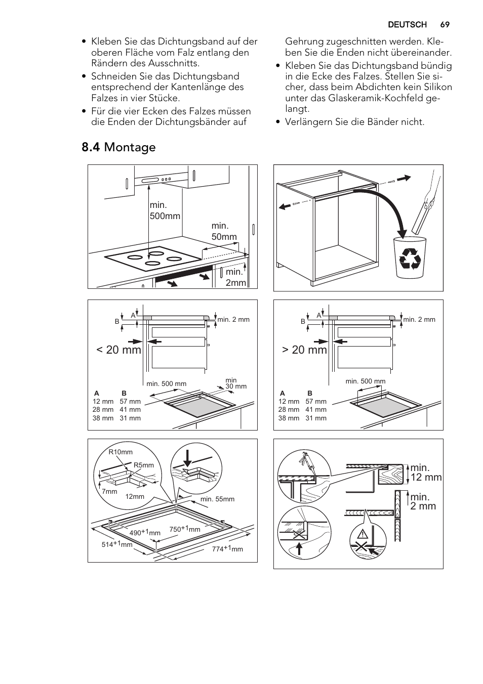 4 montage, 20 mm, Min. 12 mm min. 2 mm | AEG HK854320IB User Manual | Page 69 / 72