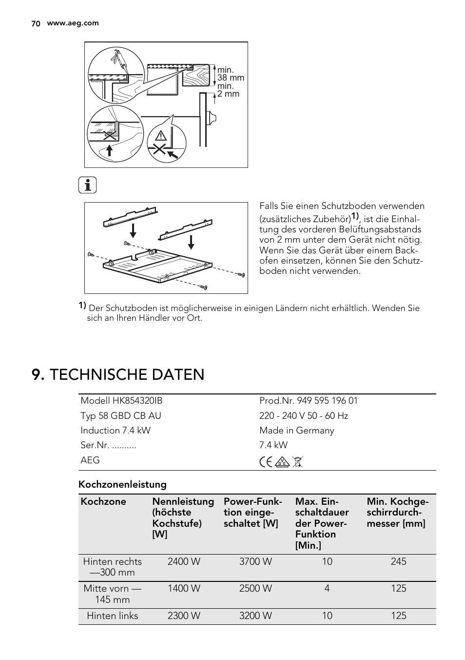 Technische daten | AEG HK854320IB User Manual | Page 70 / 72