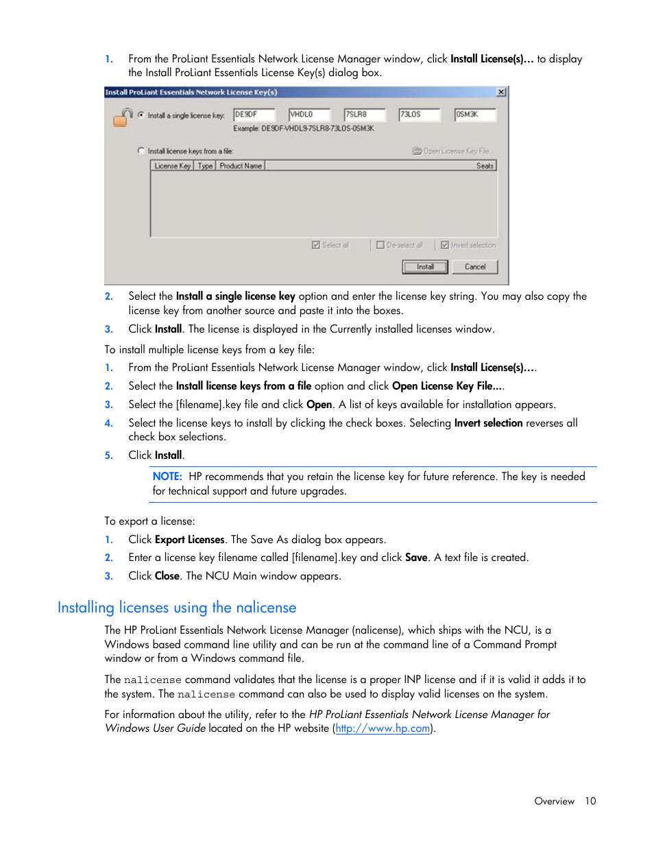 Installing licenses using the nalicense | HP ProLiant Essentials Intelligent Networking Pack Windows Edition User Manual | Page 10 / 43