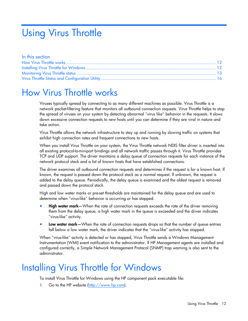 Using virus throttle, How virus throttle works, Installing virus throttle for windows | HP ProLiant Essentials Intelligent Networking Pack Windows Edition User Manual | Page 12 / 43