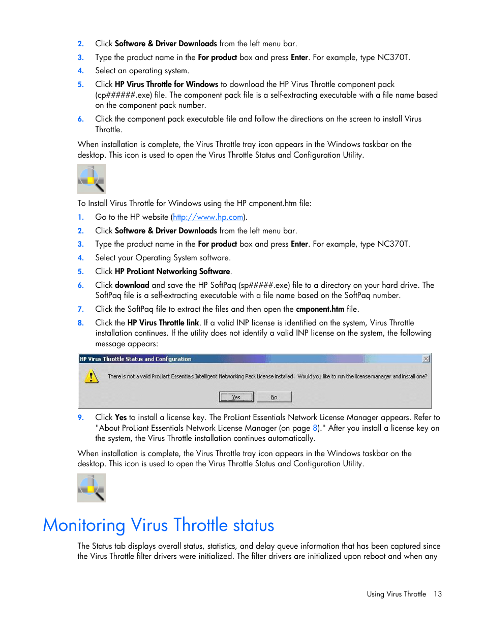 Monitoring virus throttle status | HP ProLiant Essentials Intelligent Networking Pack Windows Edition User Manual | Page 13 / 43