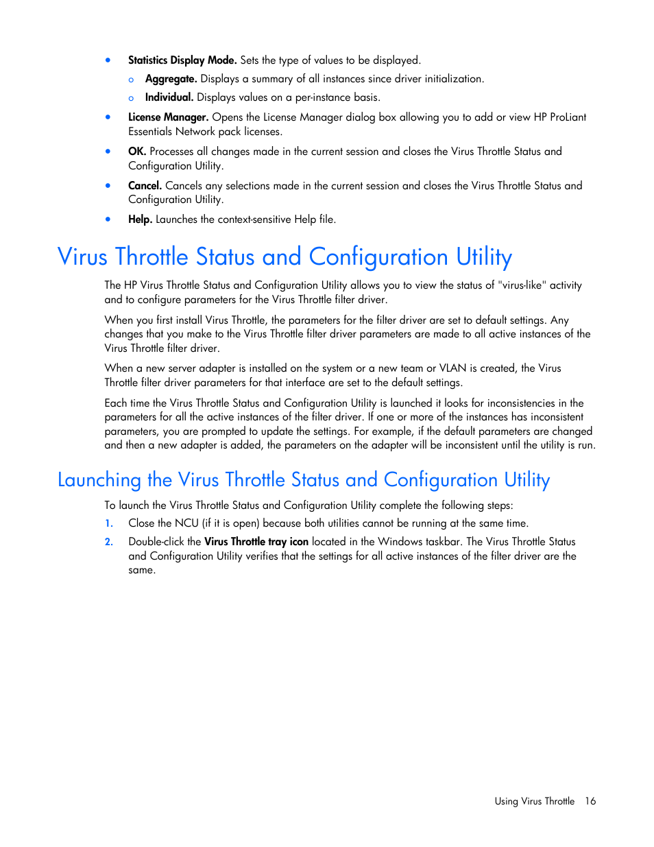 Virus throttle status and configuration utility | HP ProLiant Essentials Intelligent Networking Pack Windows Edition User Manual | Page 16 / 43