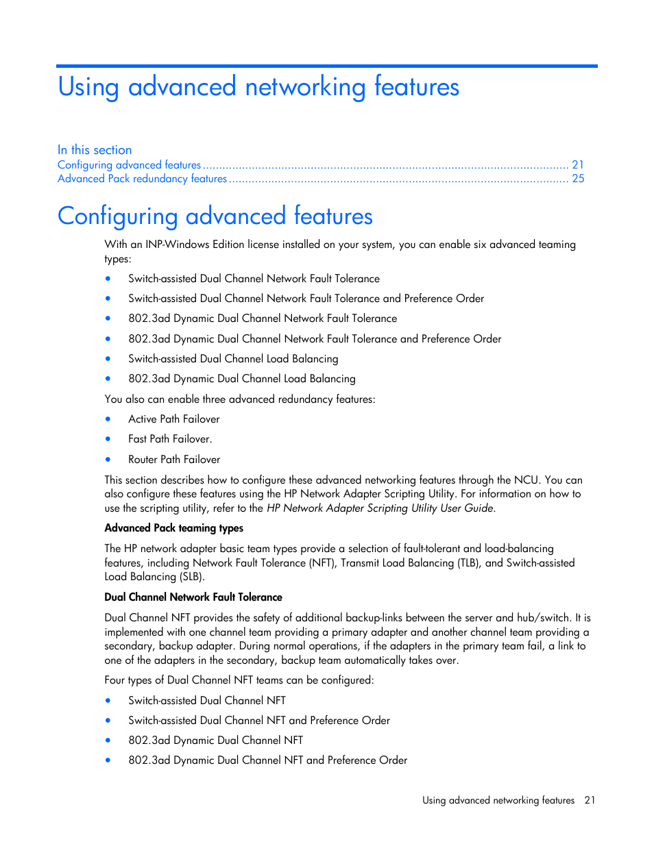 Using advanced networking features, Configuring advanced features | HP ProLiant Essentials Intelligent Networking Pack Windows Edition User Manual | Page 21 / 43