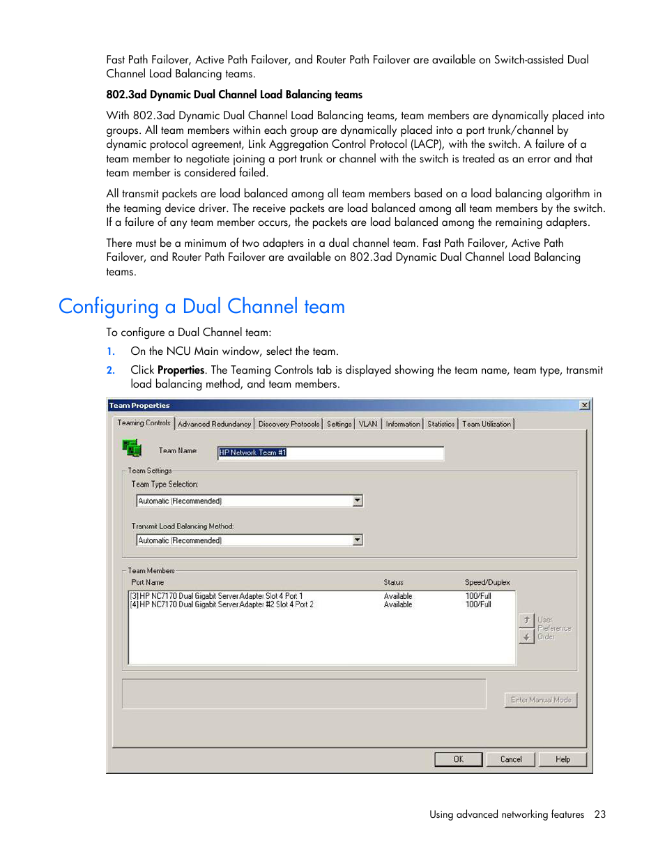 Configuring a dual channel team | HP ProLiant Essentials Intelligent Networking Pack Windows Edition User Manual | Page 23 / 43
