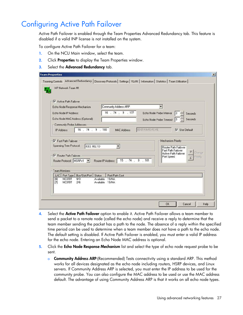 Configuring active path failover | HP ProLiant Essentials Intelligent Networking Pack Windows Edition User Manual | Page 27 / 43