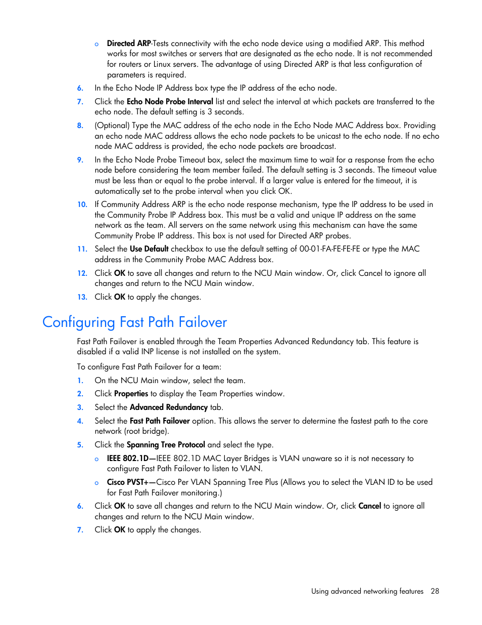 Configuring fast path failover | HP ProLiant Essentials Intelligent Networking Pack Windows Edition User Manual | Page 28 / 43
