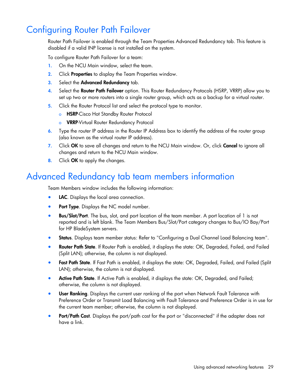 Configuring router path failover, Advanced redundancy tab team members information | HP ProLiant Essentials Intelligent Networking Pack Windows Edition User Manual | Page 29 / 43