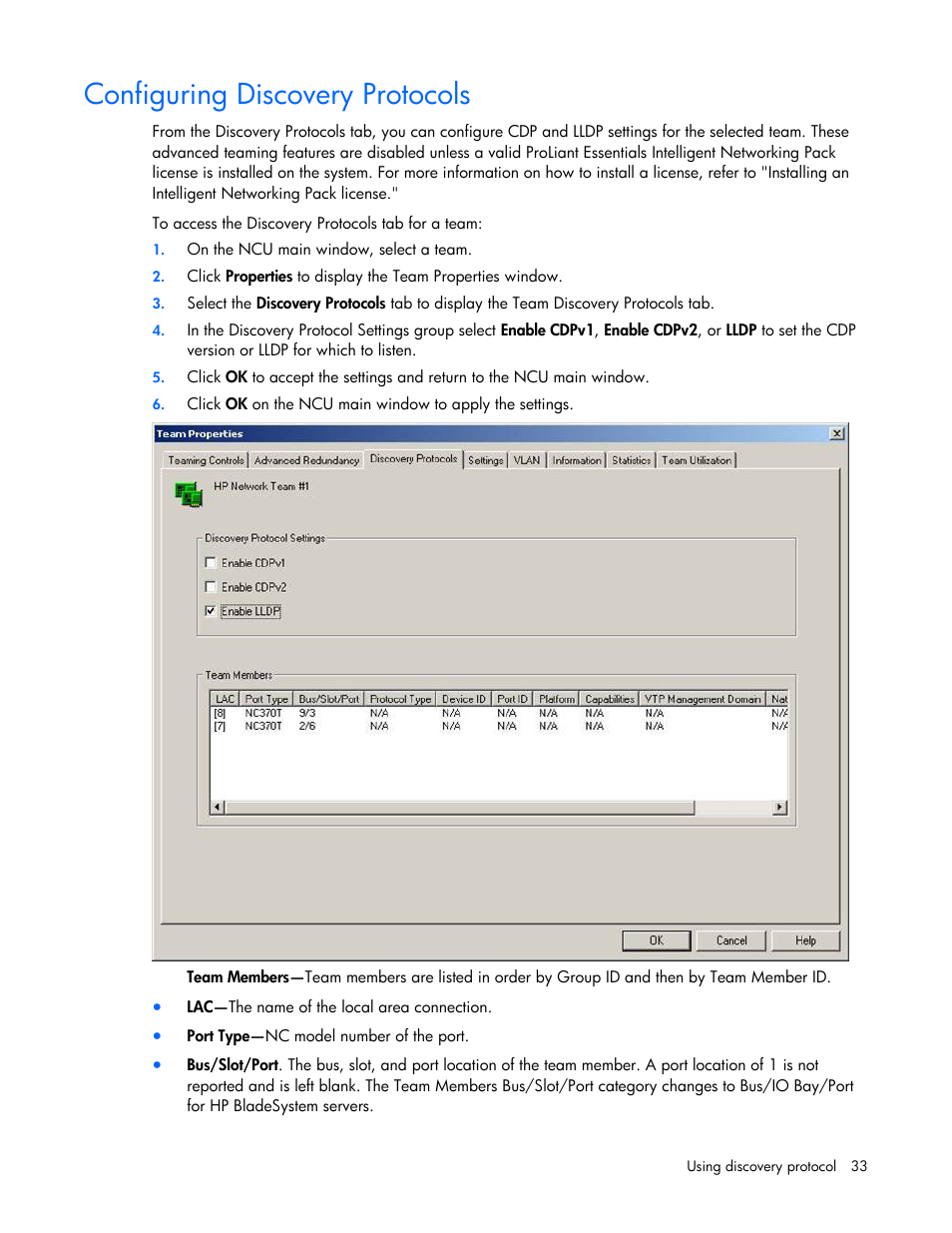 Configuring discovery protocols | HP ProLiant Essentials Intelligent Networking Pack Windows Edition User Manual | Page 33 / 43
