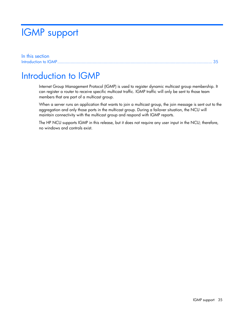 Igmp support, Introduction to igmp | HP ProLiant Essentials Intelligent Networking Pack Windows Edition User Manual | Page 35 / 43