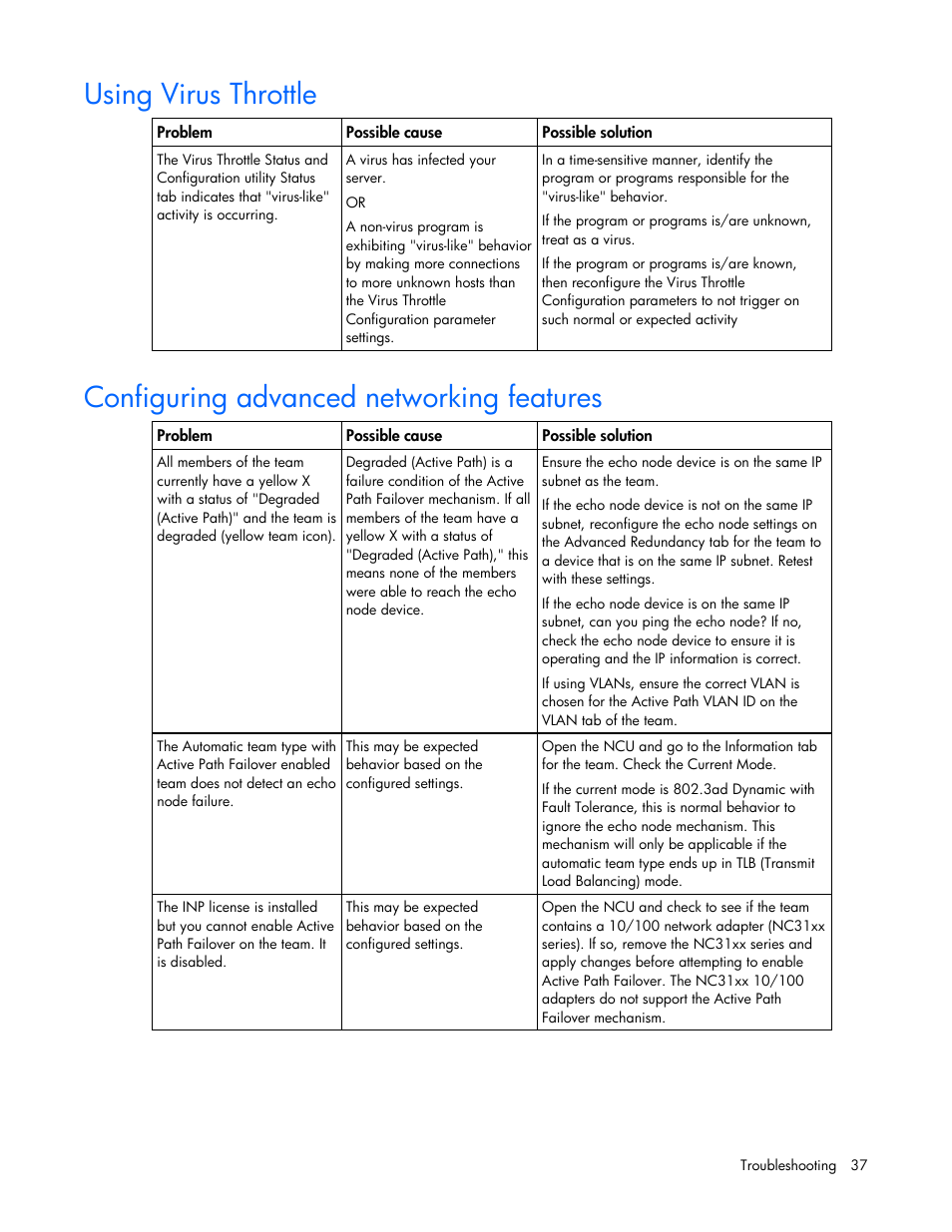 Using virus throttle, Configuring advanced networking features | HP ProLiant Essentials Intelligent Networking Pack Windows Edition User Manual | Page 37 / 43