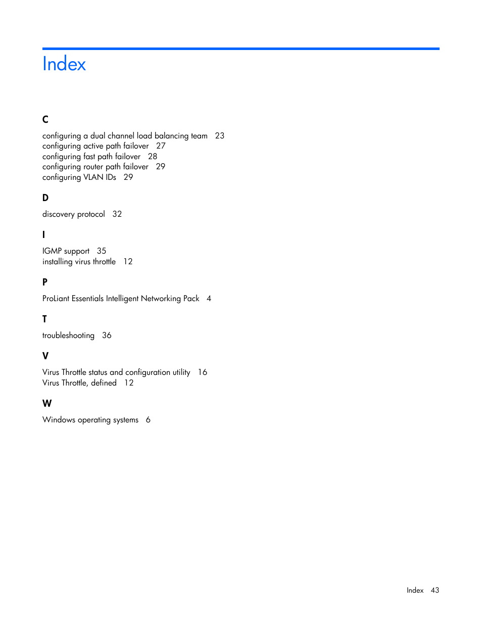 Index | HP ProLiant Essentials Intelligent Networking Pack Windows Edition User Manual | Page 43 / 43