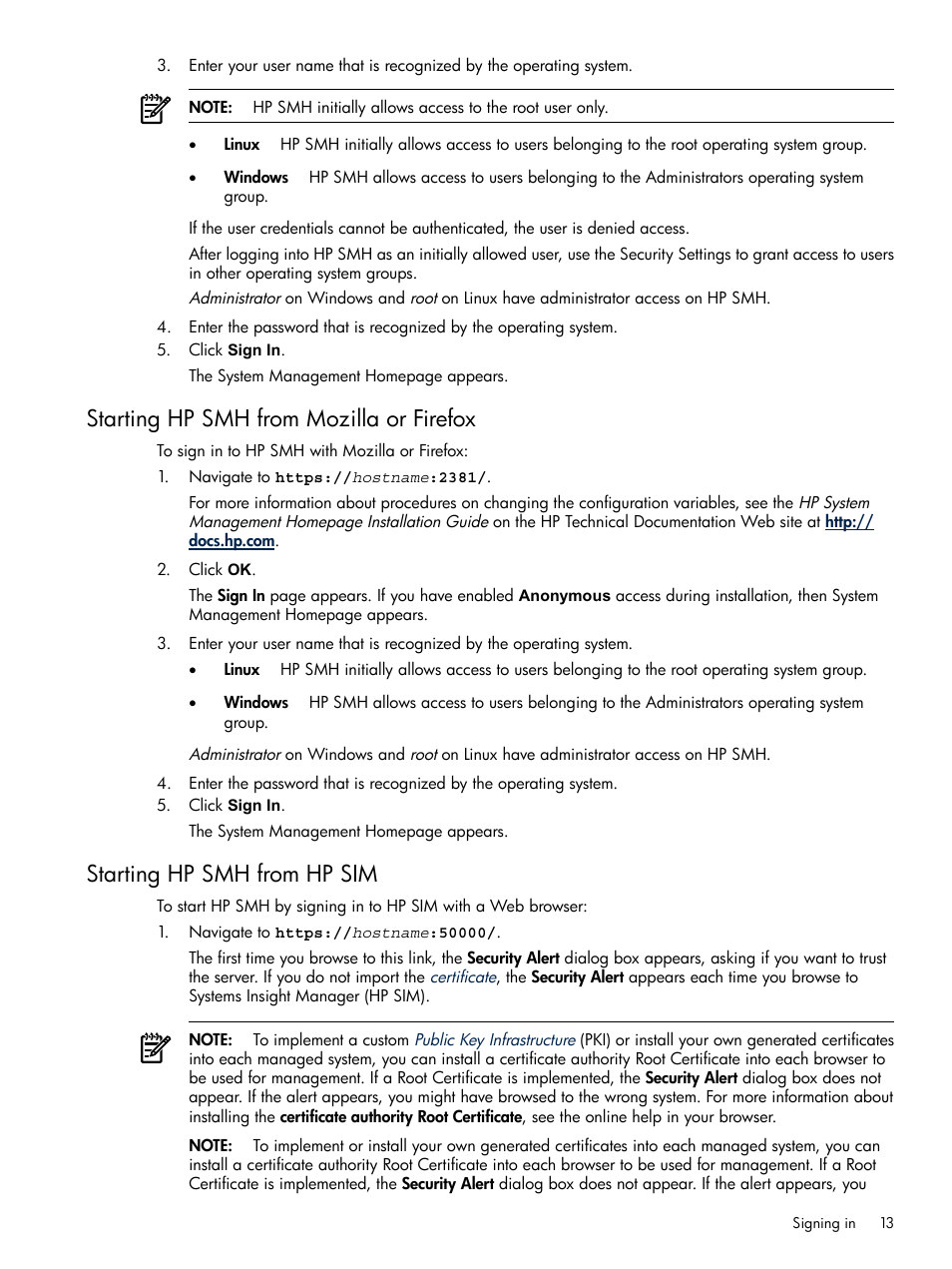 Starting hp smh from mozilla or firefox, Starting hp smh from hp sim | HP Integrity rx4640 Server User Manual | Page 13 / 100