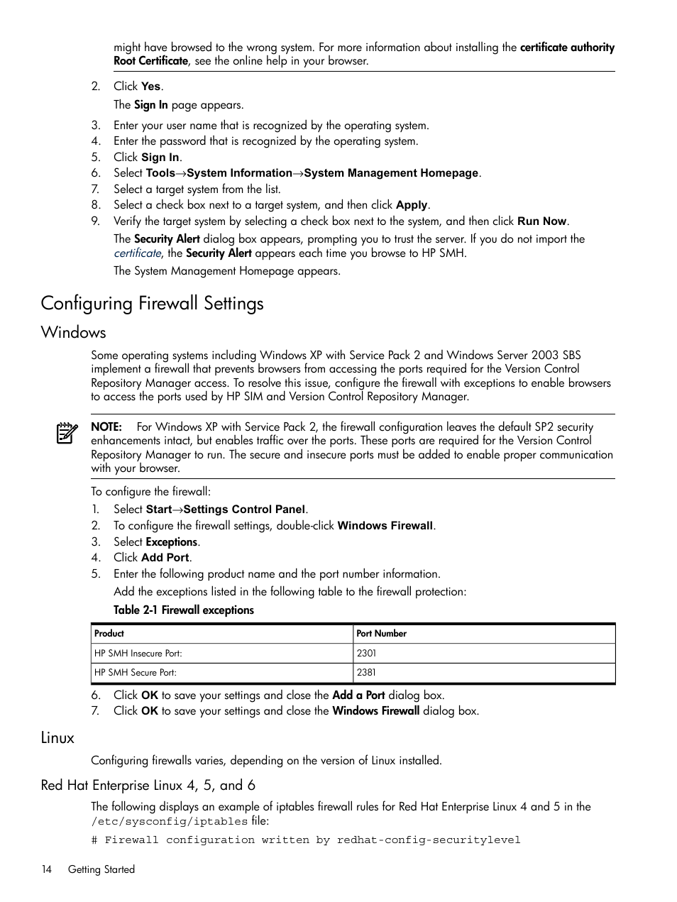 Configuring firewall settings, Windows, Linux | Red hat enterprise linux 4, 5, and 6, Windows linux, Firewall exceptions | HP Integrity rx4640 Server User Manual | Page 14 / 100