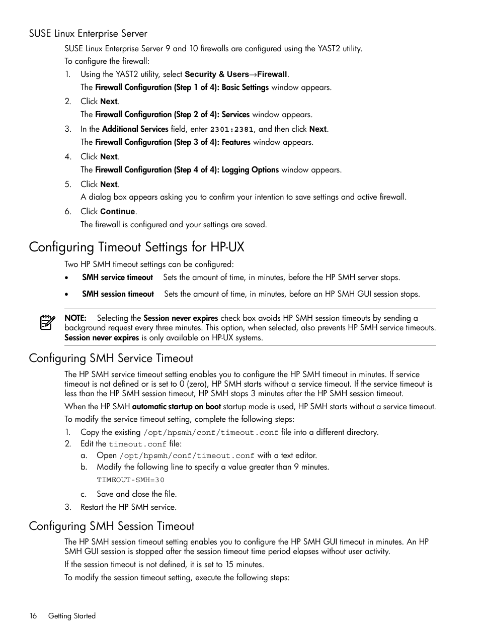 Suse linux enterprise server, Configuring timeout settings for hp-ux, Configuring smh service timeout | Configuring smh session timeout | HP Integrity rx4640 Server User Manual | Page 16 / 100