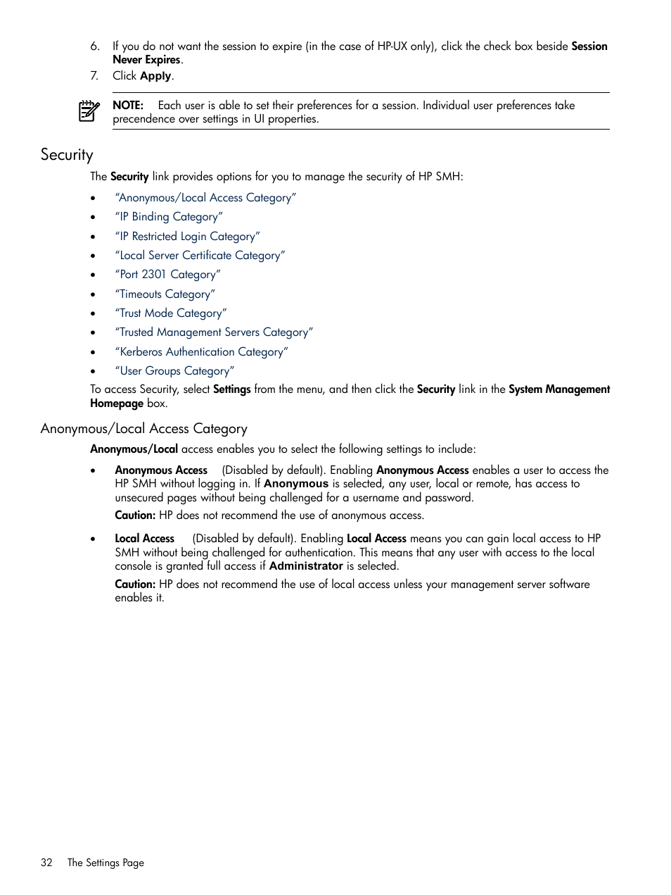 Security, Anonymous/local access category | HP Integrity rx4640 Server User Manual | Page 32 / 100