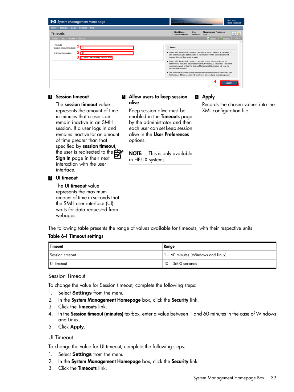 Session timeout, Ui timeout, Session timeout ui timeout | Timeout settings | HP Integrity rx4640 Server User Manual | Page 39 / 100