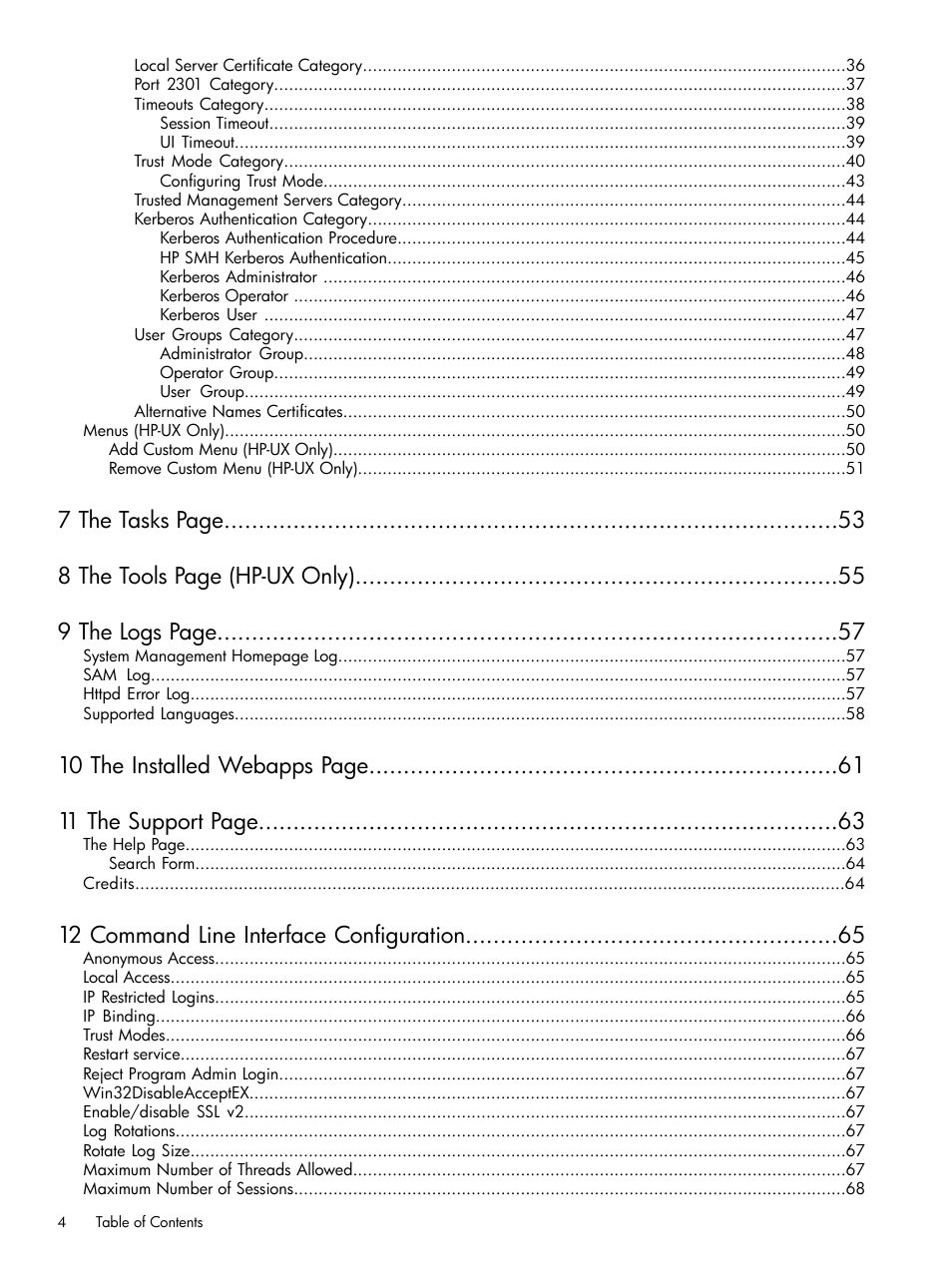 10 the installed webapps page 11 the support page, 12 command line interface configuration | HP Integrity rx4640 Server User Manual | Page 4 / 100