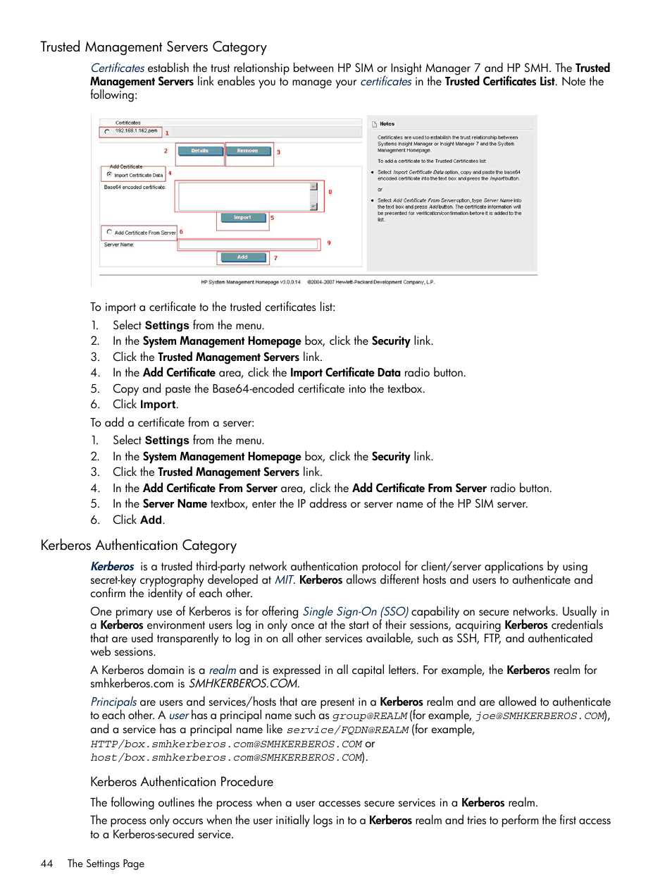 Trusted management servers category, Kerberos authentication category, Kerberos authentication procedure | HP Integrity rx4640 Server User Manual | Page 44 / 100