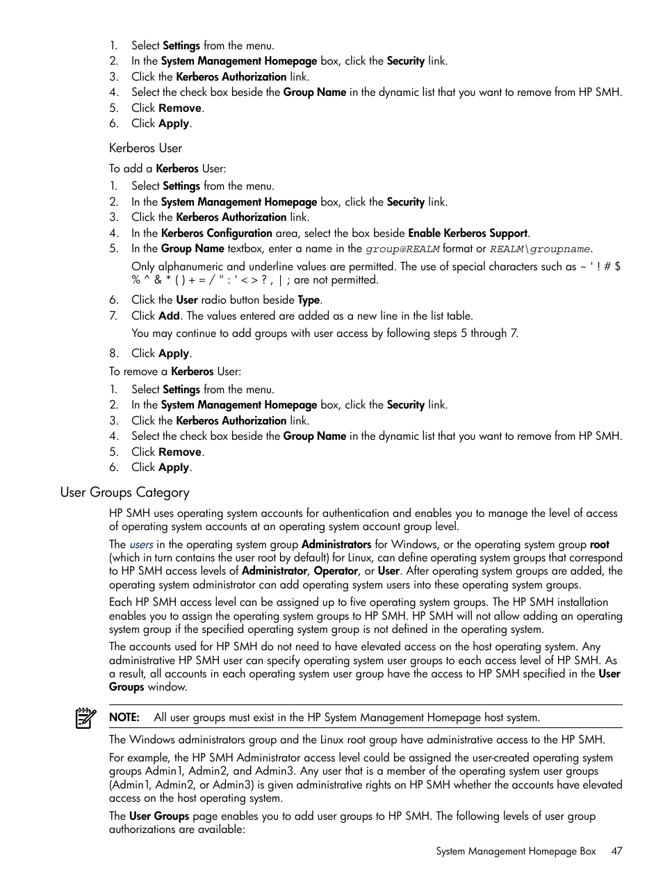 Kerberos user, User groups category | HP Integrity rx4640 Server User Manual | Page 47 / 100