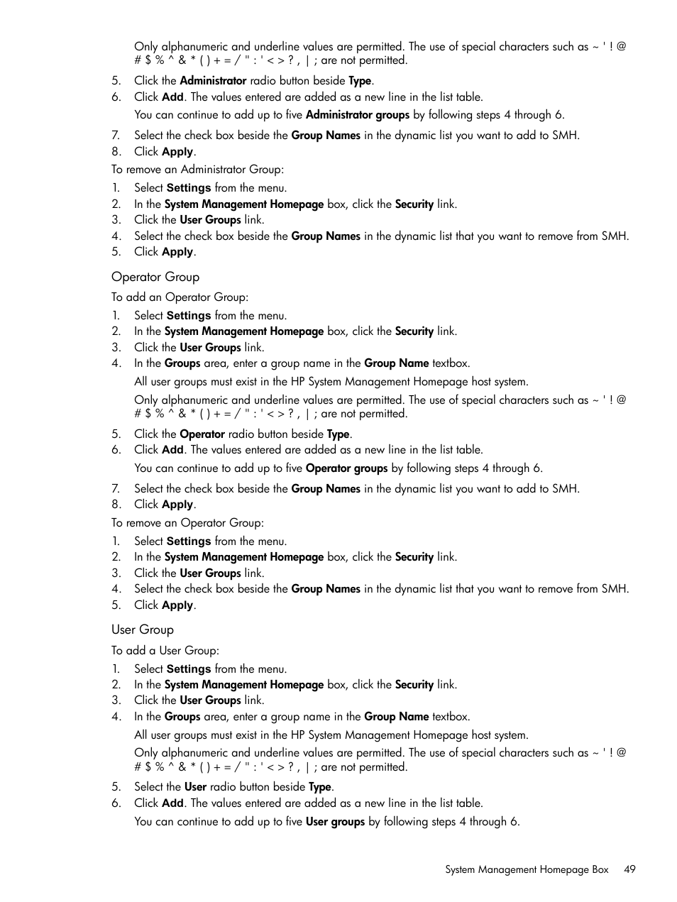 Operator group, User group, Operator group user group | HP Integrity rx4640 Server User Manual | Page 49 / 100