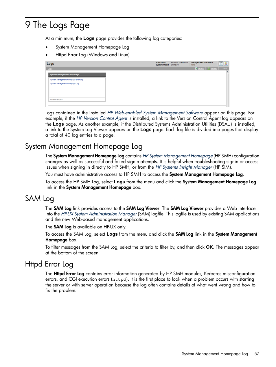 Sam log, Httpd error log, 9 the logs page | System management homepage log | HP Integrity rx4640 Server User Manual | Page 57 / 100