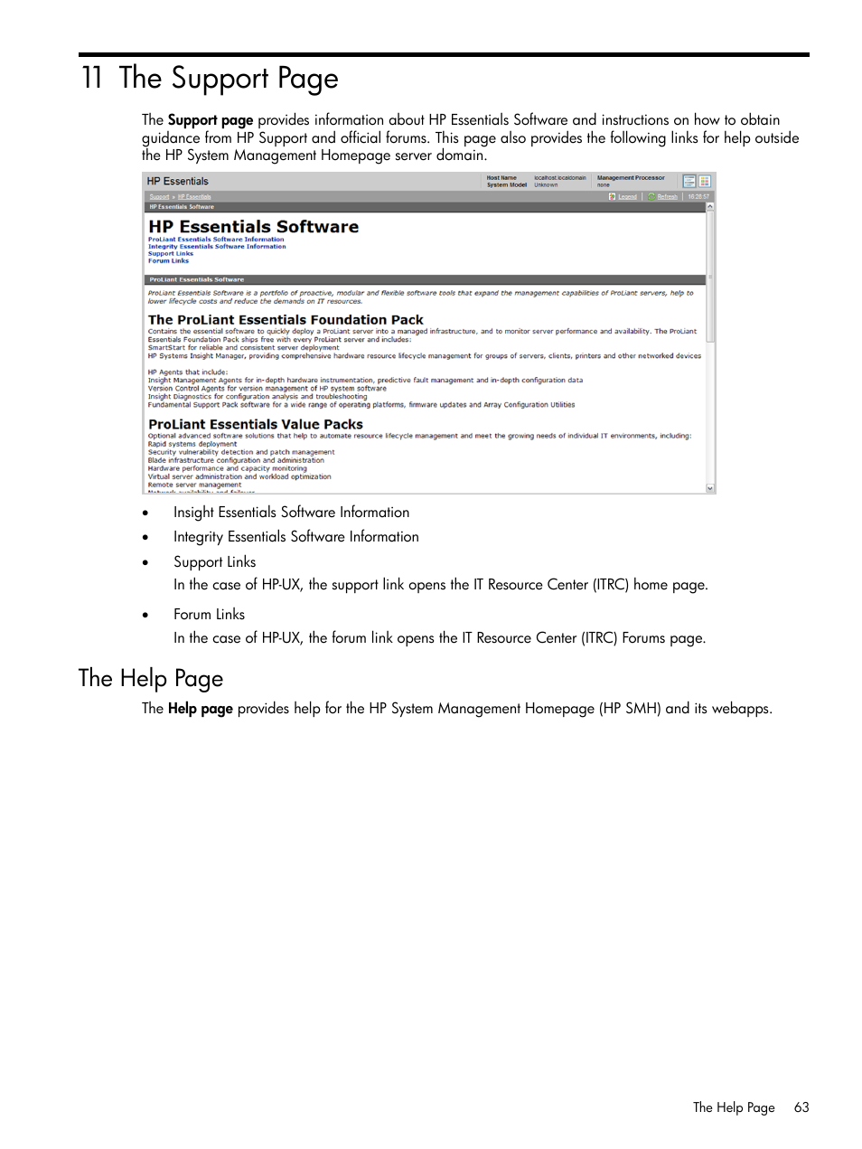 11 the support page, The help page | HP Integrity rx4640 Server User Manual | Page 63 / 100