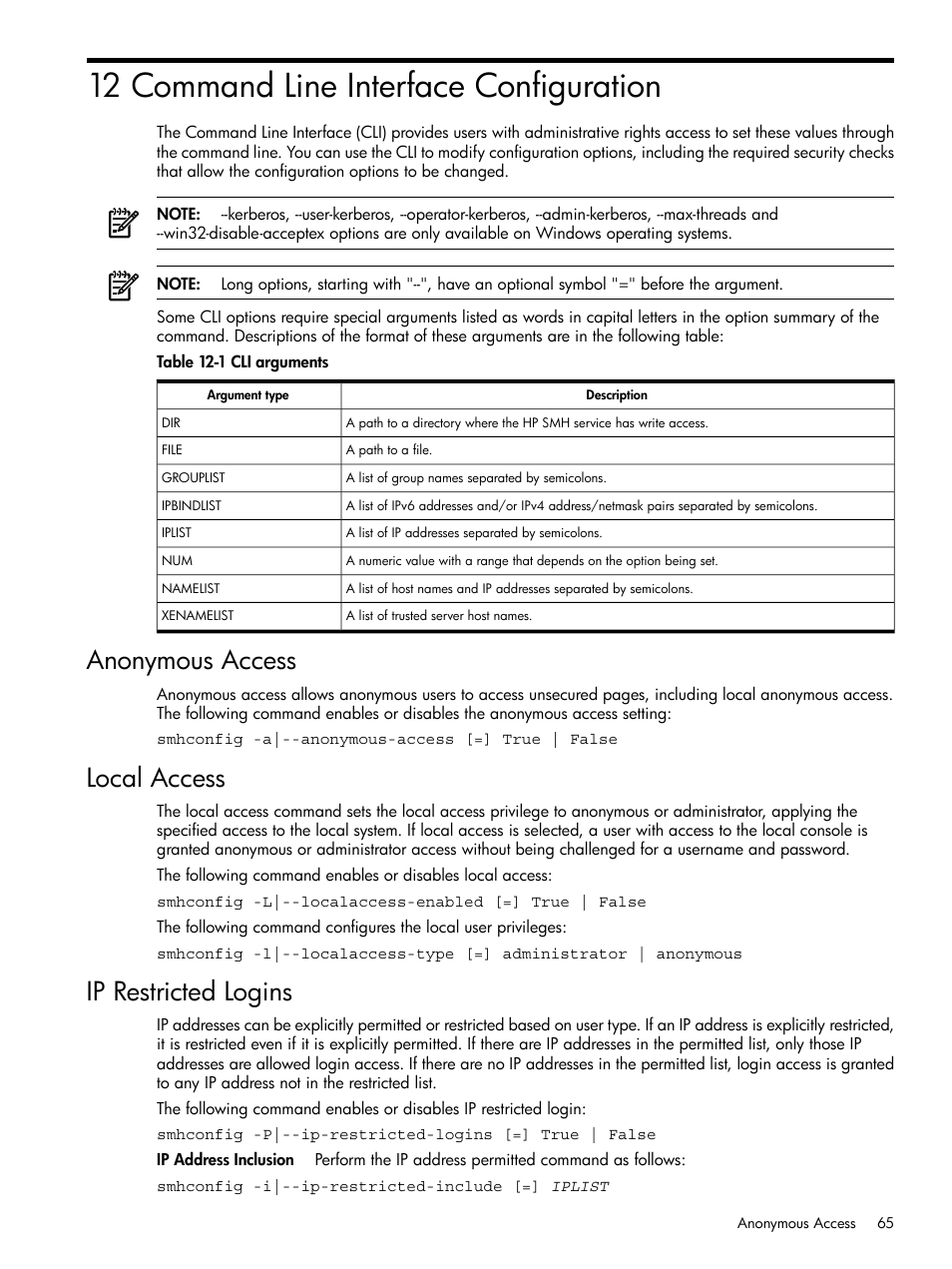 12 command line interface configuration, Anonymous access, Local access | Ip restricted logins, Anonymous access local access ip restricted logins, Cli arguments | HP Integrity rx4640 Server User Manual | Page 65 / 100