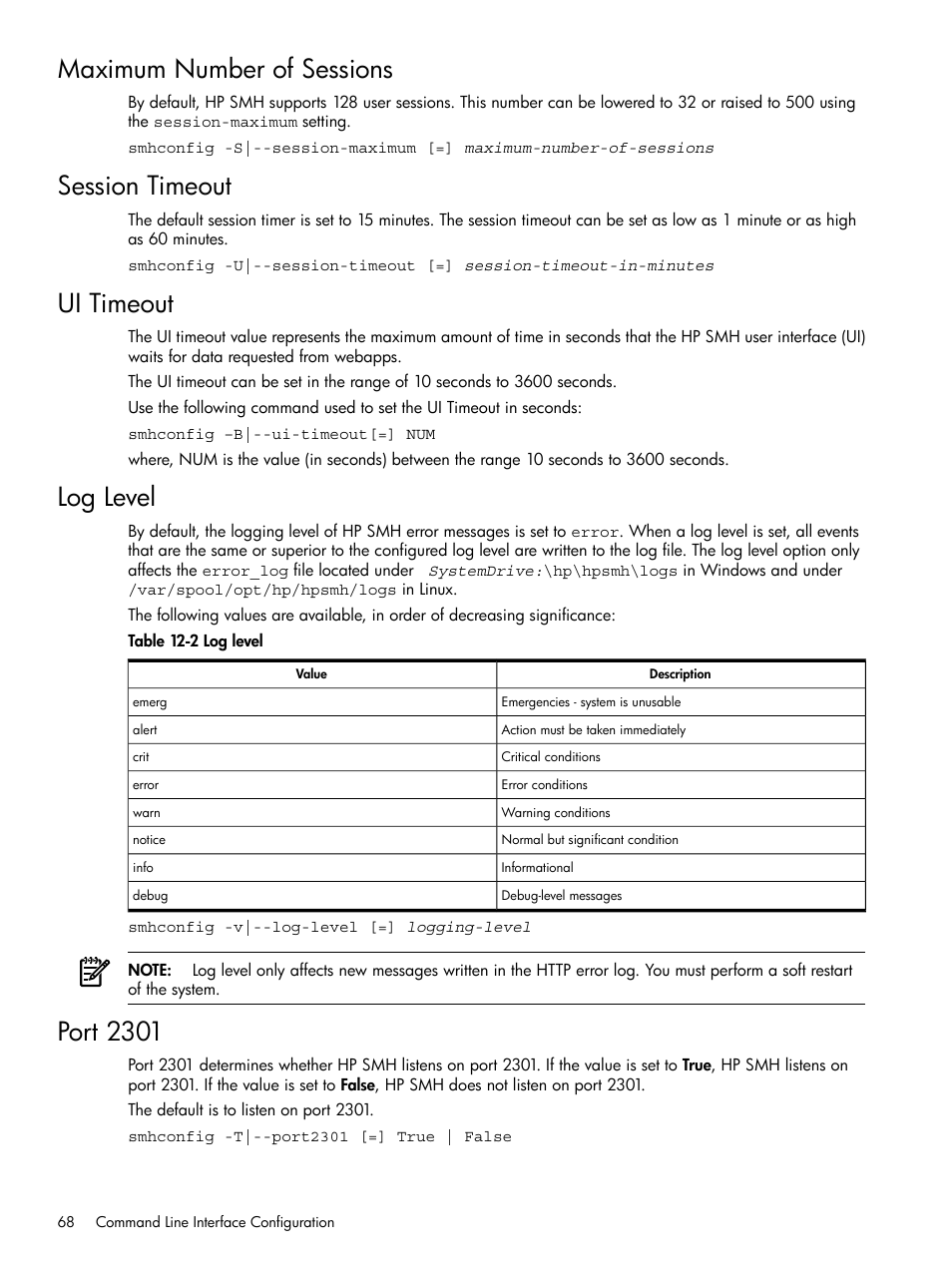 Maximum number of sessions, Session timeout, Ui timeout | Log level, Port 2301, Session timeout ui timeout log level port 2301 | HP Integrity rx4640 Server User Manual | Page 68 / 100