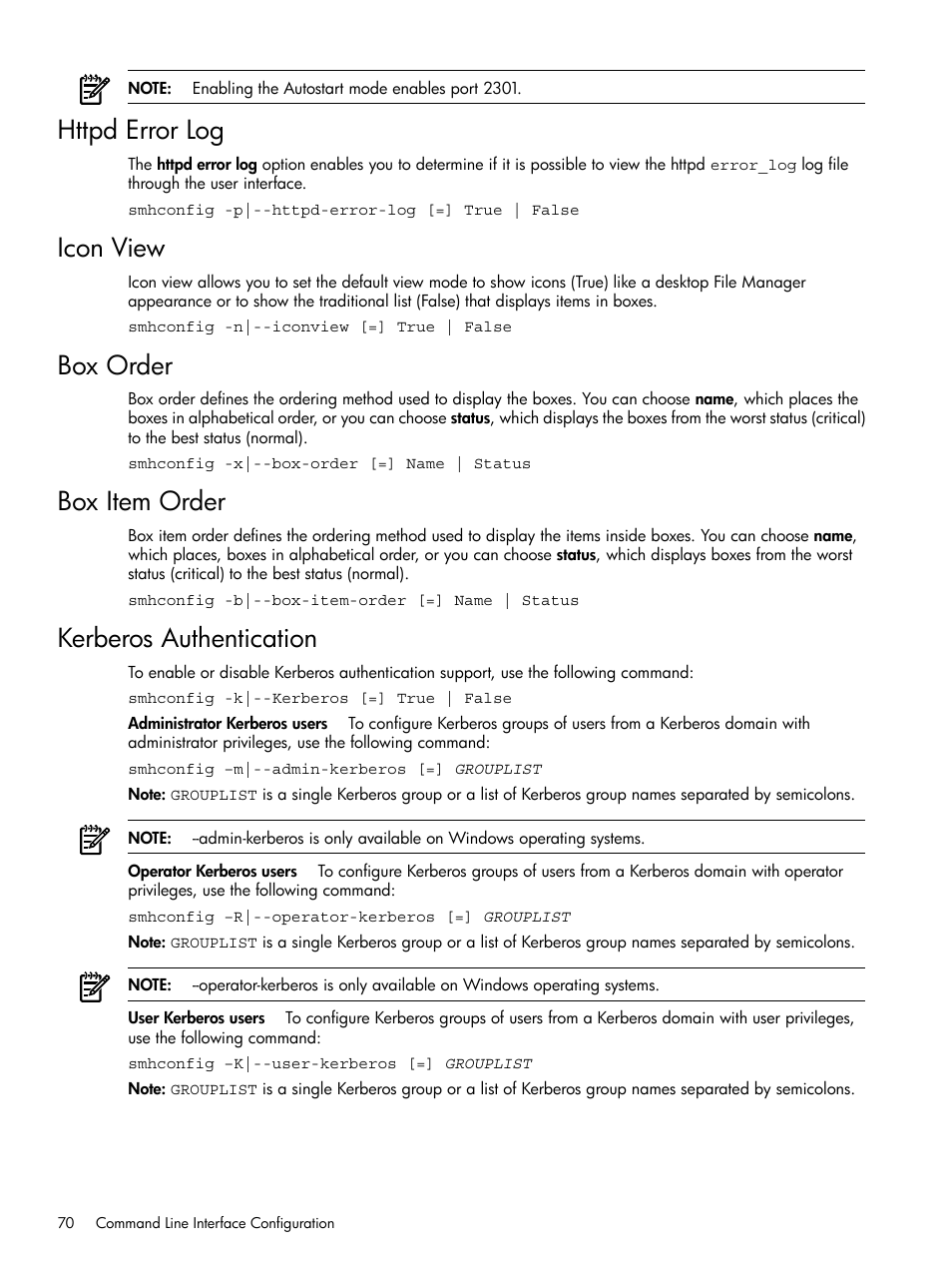Httpd error log, Icon view, Box order | Box item order, Kerberos authentication | HP Integrity rx4640 Server User Manual | Page 70 / 100