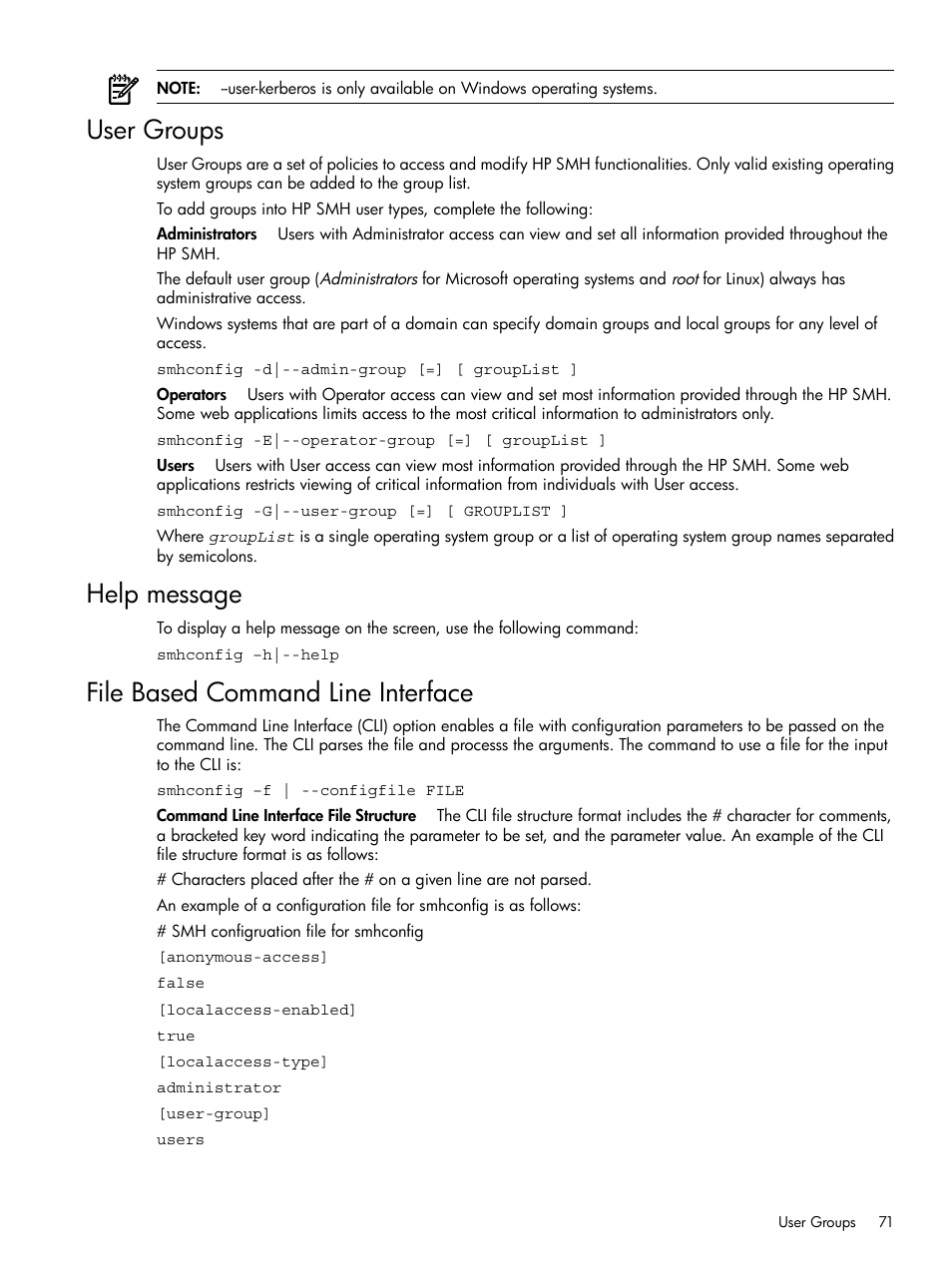 User groups, Help message, File based command line interface | HP Integrity rx4640 Server User Manual | Page 71 / 100