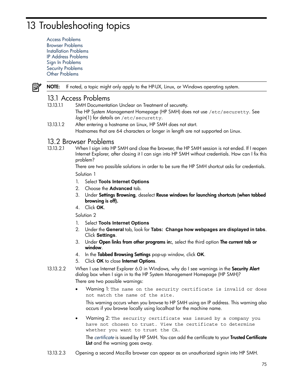 13 troubleshooting topics, 1 access problems, 2 browser problems | HP Integrity rx4640 Server User Manual | Page 75 / 100