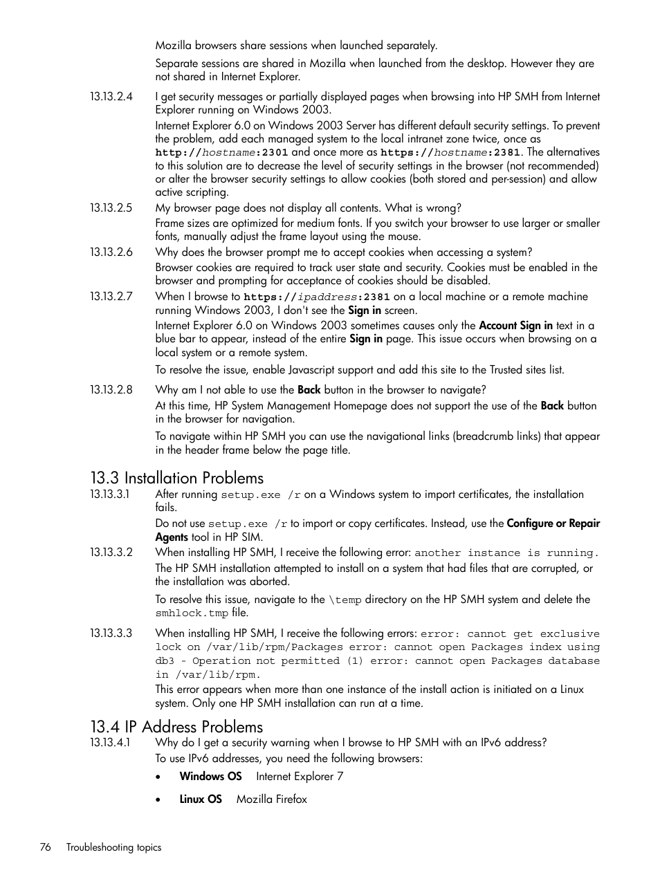 Installation problems ip address problems, 3 installation problems, 4 ip address problems | HP Integrity rx4640 Server User Manual | Page 76 / 100