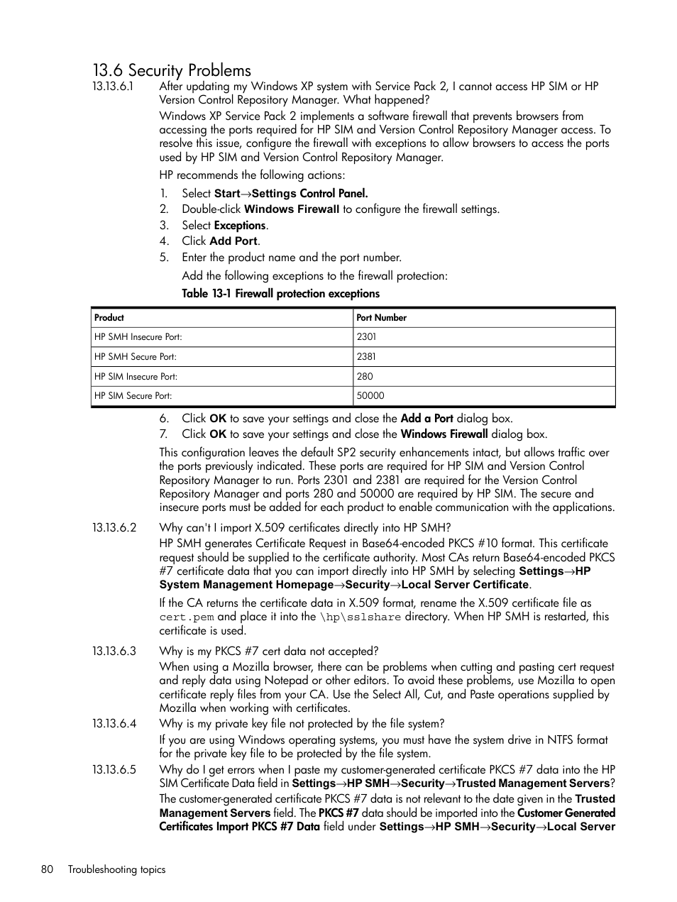 Firewall protection exceptions, Security problems, 6 security problems | HP Integrity rx4640 Server User Manual | Page 80 / 100