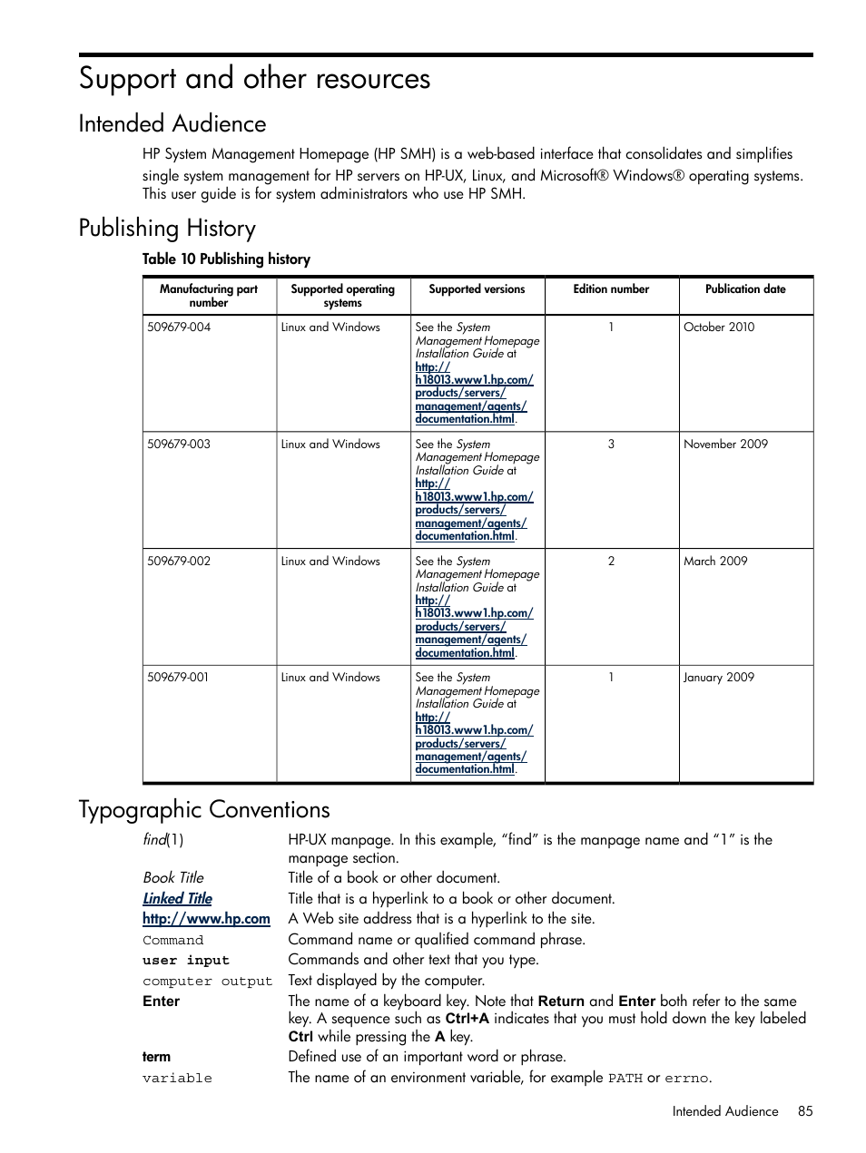 Support and other resources, Intended audience, Publishing history | Typographic conventions | HP Integrity rx4640 Server User Manual | Page 85 / 100