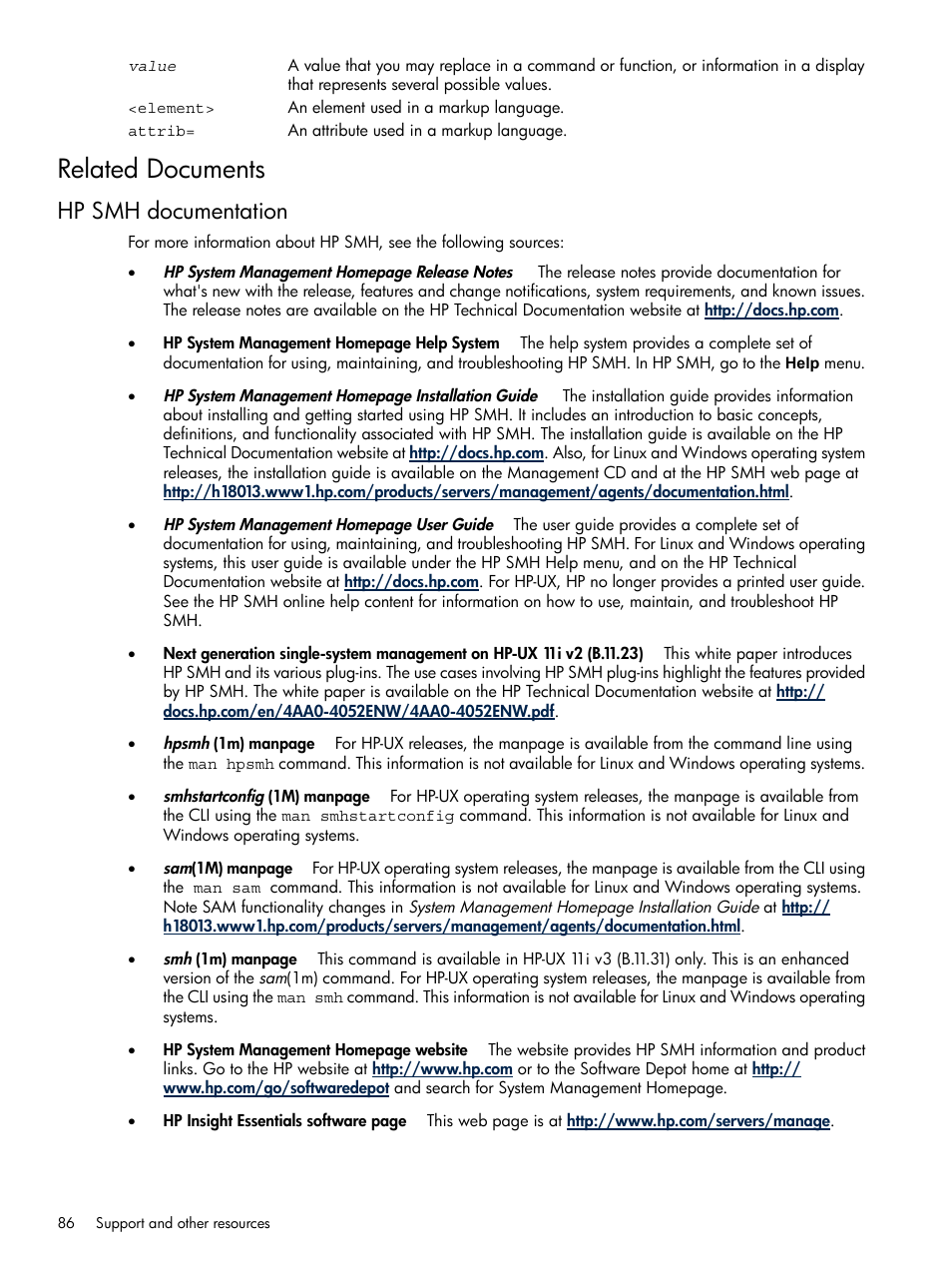 Related documents, Hp smh documentation | HP Integrity rx4640 Server User Manual | Page 86 / 100
