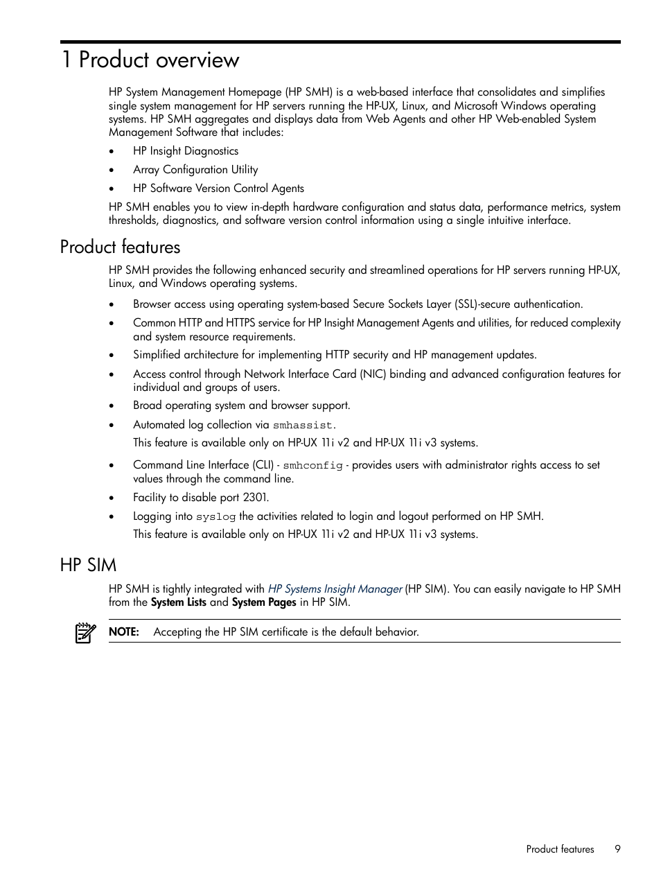 1 product overview, Product features, Hp sim | Product features hp sim | HP Integrity rx4640 Server User Manual | Page 9 / 100