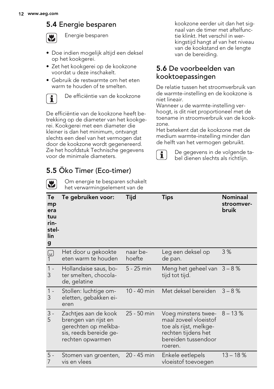 4 energie besparen, 5 öko timer (eco-timer), 6 de voorbeelden van kooktoepassingen | AEG HK854320XB User Manual | Page 12 / 72